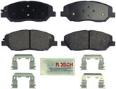 Bosch front brake pad packaging showing sealed kit and included hardware benefit