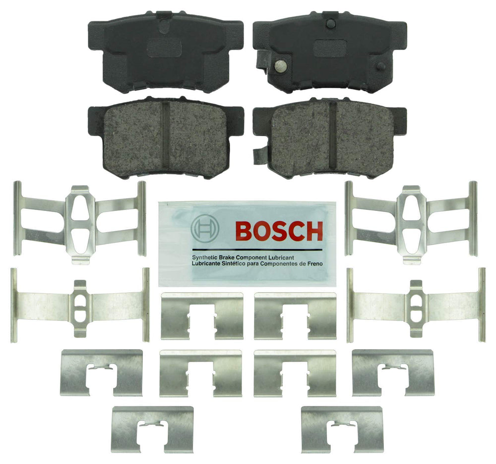 Bosch BE537H front view of rear brake pads and hardware, showing ready-to-install kit benefit