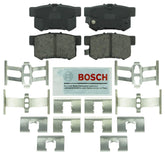 Bosch BE537H front view of rear brake pads and hardware, showing ready-to-install kit benefit