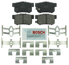 Bosch BE537H front view of rear brake pads and hardware, showing ready-to-install kit benefit