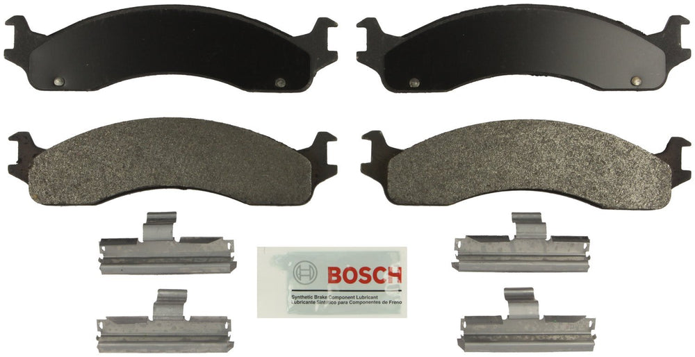 Bosch BE655H front pads and hardware displayed, showing complete axle kit for easy installation
