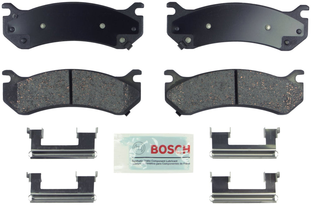 Bosch BE785H front pad set showing pads and hardware for easy OE fit and quiet stops