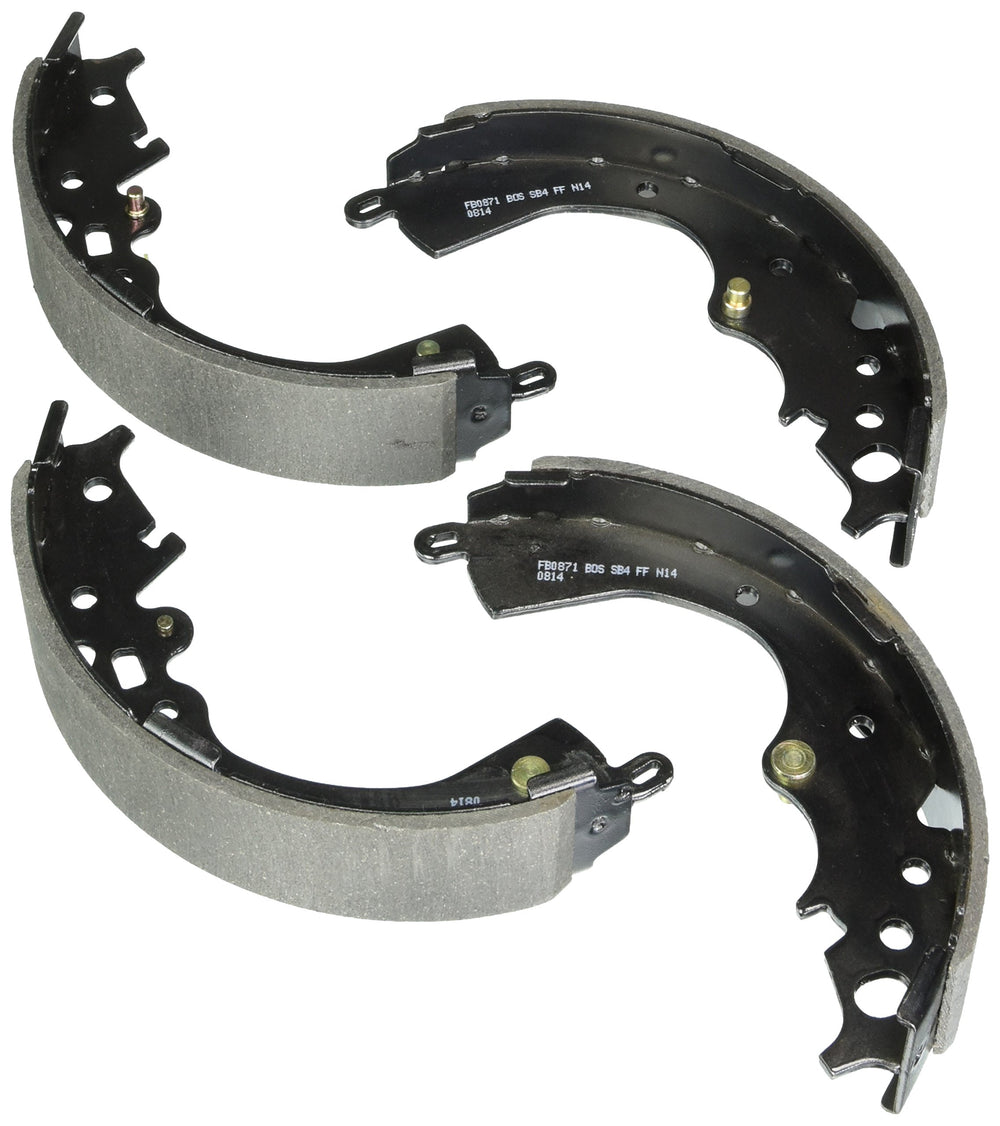 Bosch rear brake shoes front view showing fit and rust-resistant coating