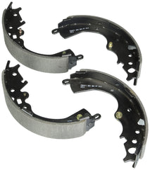 Bosch rear brake shoes front view showing fit and rust-resistant coating