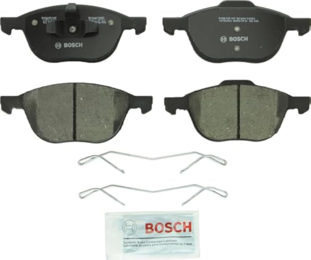 Bosch QuietCast BC1044 front packaging showing included pads and hardware, clear product identification and benefit
