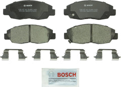 Bosch QuietCast front packaging showing pads and hardware, clear fit details