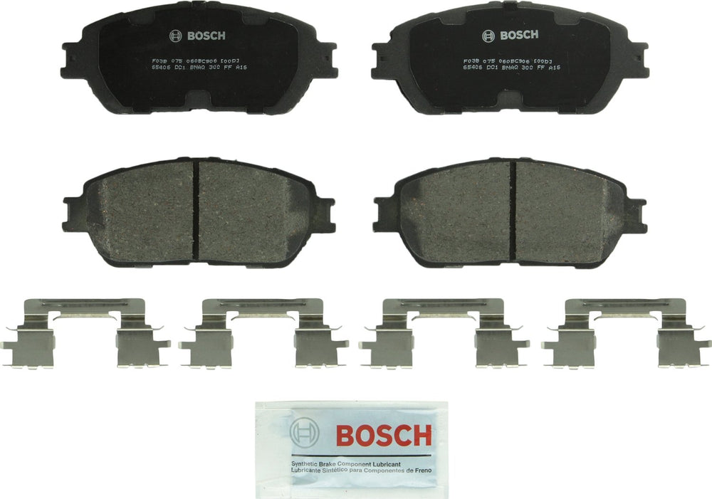 Bosch QuietCast front packaging showing kit contents and fitment benefit