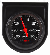 Bosch gauge front view showing black dial and bezel, clear readings benefit