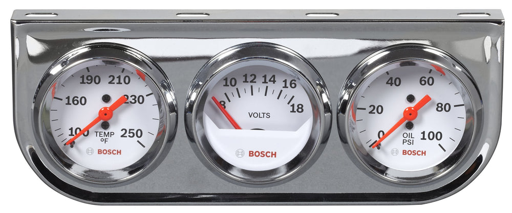 Bosch triple gauge front view showing white dials and chrome bezels for clear readings