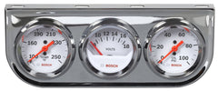 Bosch triple gauge front view showing white dials and chrome bezels for clear readings