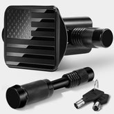 BougeRV hitch cover front view showing sleek black finish and flag branding for durable protection