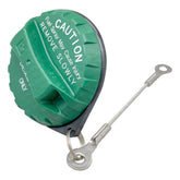 Boursin fuel cap front view showing green finish and secure seal benefit