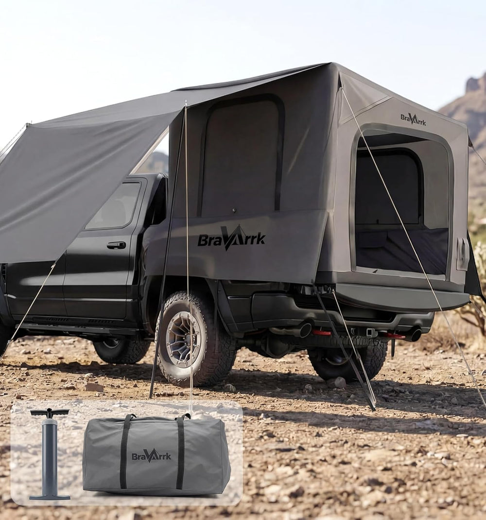 BravArrk front view on truck bed showing full shelter and easy access