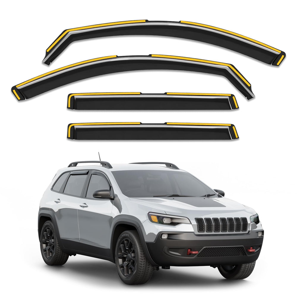 Breejoy front packaging for Jeep Cherokee visors shows compatibility and benefits