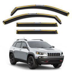 Breejoy front packaging for Jeep Cherokee visors shows compatibility and benefits