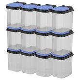 Buddeez front view of 12-pack showing clear bins and blue lids for neat storage
