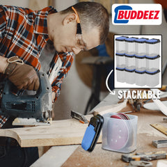 Buddeez stacked bins on a shelf saving space and creating organized vertical storage