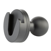 Bulletpoint front view of aluminum mic holder showing secure cradle benefit