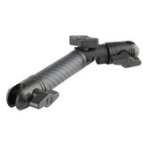 Bulletpoint front view of arm showing slim carbon fiber profile and precise positioning benefit