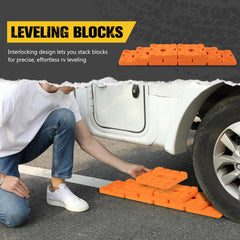 BUNKER INDUST block beneath RV wheel showing secure drive-on leveling