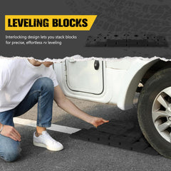 BUNKER INDUST ramp view with RV wheel on block for easy drive-on leveling
