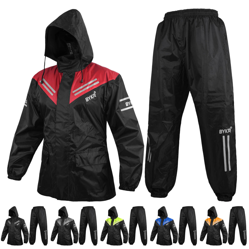 BYKR front view jacket and pants showing full rain protection and fit