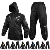 BYKR front view of jacket and pants showing full rain coverage and mobility