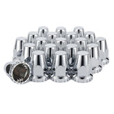 Cabtherlyn front view of 20-pack chrome lug nut covers showing packaging and contents benefit: easy installation