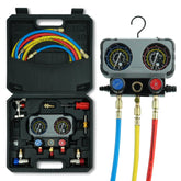 CALPOSE front view of manifold gauge set showing controls and ports for accurate servicing