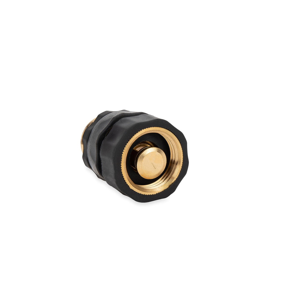 Camco brass quick hose connect front view showing solid build and secure lock benefit