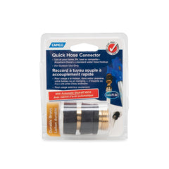 Camco quick hose connect attached to garden hose demonstrating spill-free quick swaps benefit
