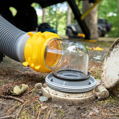 Camco clear elbow close-up for visible flow monitoring benefit