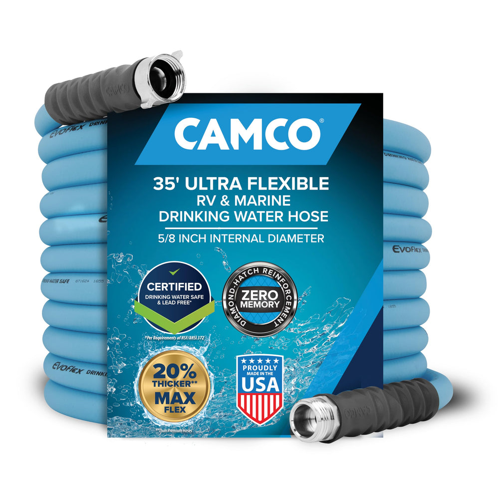 Camco EvoFlex front packaging showing hose and 35 ft length benefit