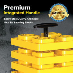 Camco FasTen block placed under RV axle demonstrating secure leveling support