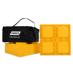 Camco front view of four yellow leveling blocks showing pack benefit