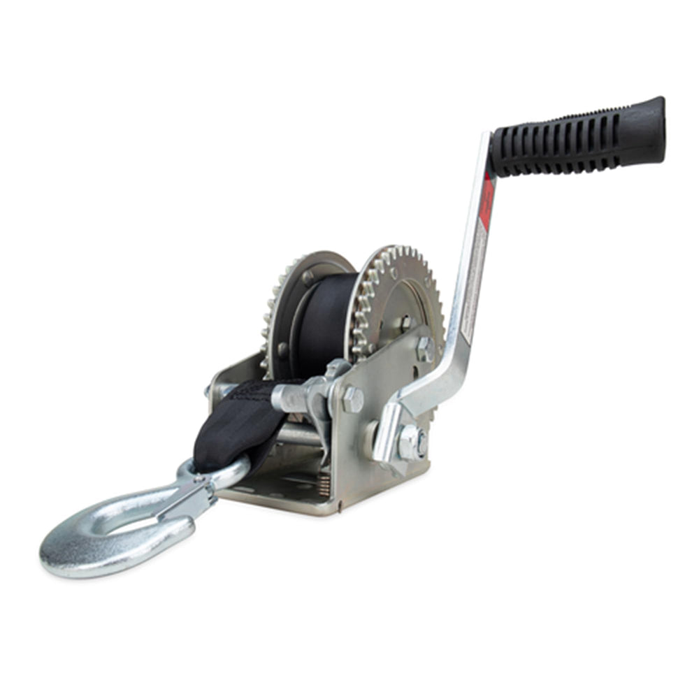 Camco front view winch mounted on trailer post for secure boat loading