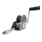 Camco front view winch mounted on trailer post for secure boat loading
