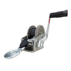Camco front view winch mounted on trailer post for secure boat loading