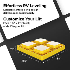 Camco block placed under RV wheel showing improved stability on gravel