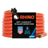Camco Rhino front packaging showing orange clean-out hose and features for easy identification