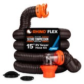 Camco RhinoFLEX front view showing complete 15 ft kit and tidy storage benefit