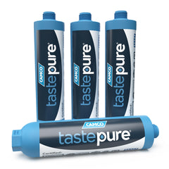 Camco TastePURE front packaging showing four inline filters and benefits