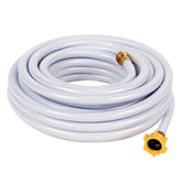 Camco TastePURE front view showing full 25-foot coiled hose and label, assuring portable water safety