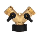 Camco front view of brass wye valve showing dual outlets and inlet, durable connection benefit