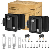 CAMJOKE front view of two camper door locks showing robust design and clear labeling benefit