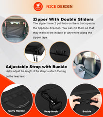 Camoo bag stored behind Jeep rear seat for secure transport