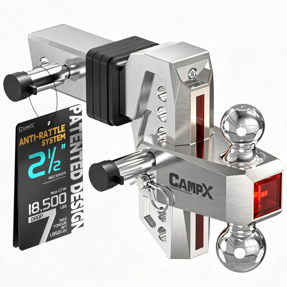 CAMPX front view of hitch showing adjustable head and dual-ball benefit of versatility
