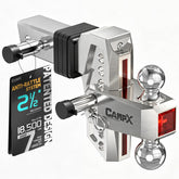CAMPX front view of hitch showing adjustable head and dual-ball benefit of versatility