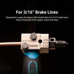Capri Tools in use on-vehicle enabling tight-space flaring without removal