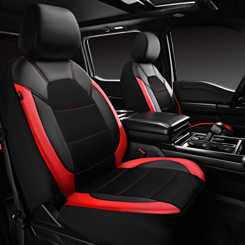 CAR PASS full front seat covers installed showing sporty black and red styling and protection